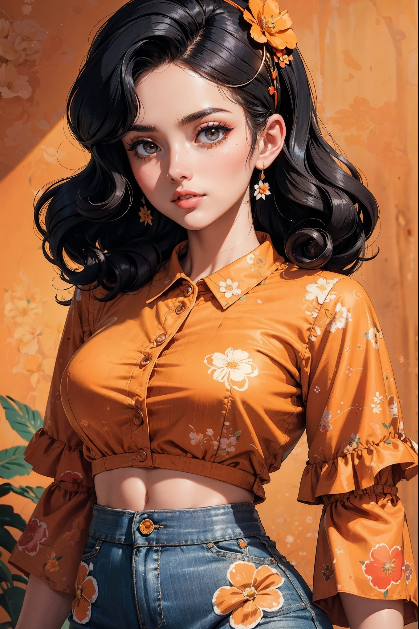 (((Masterpiece))), a top influencer woman, top quality, super detailed, cute and spunky, retro 60's style, fair skin, short curly black hair with flower clips, orange button up crop top transparent floral print sleeves, brown high waist button up shorts, retro  background
