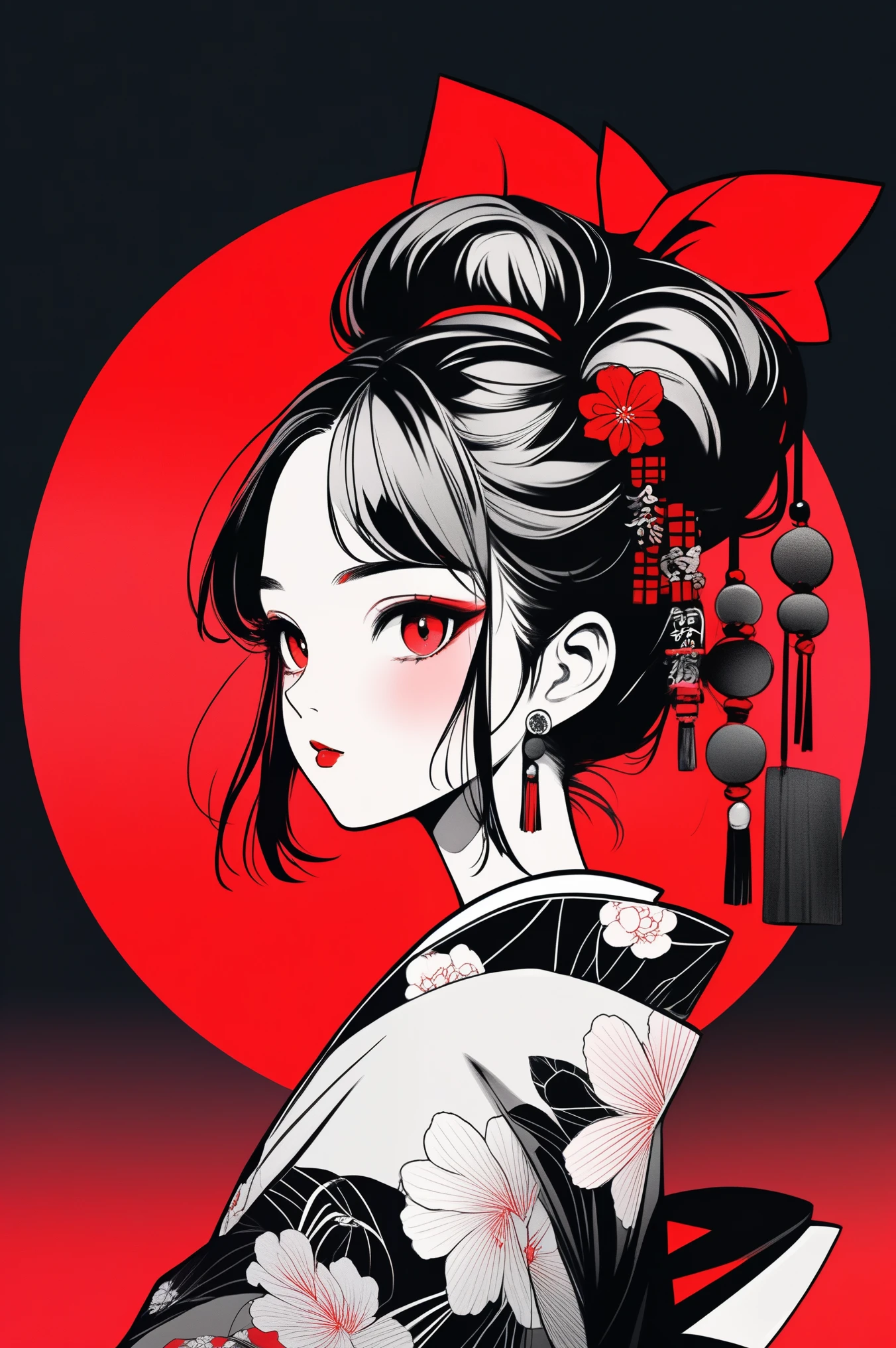 (best quality, sketch:1.2),realistic,illustrator,anime,1 girl, detailed lips, kimono,custom, black and red gradient background,neon hair,textured cropping, masterpiece, style retro classic, noir style , Japanese style 