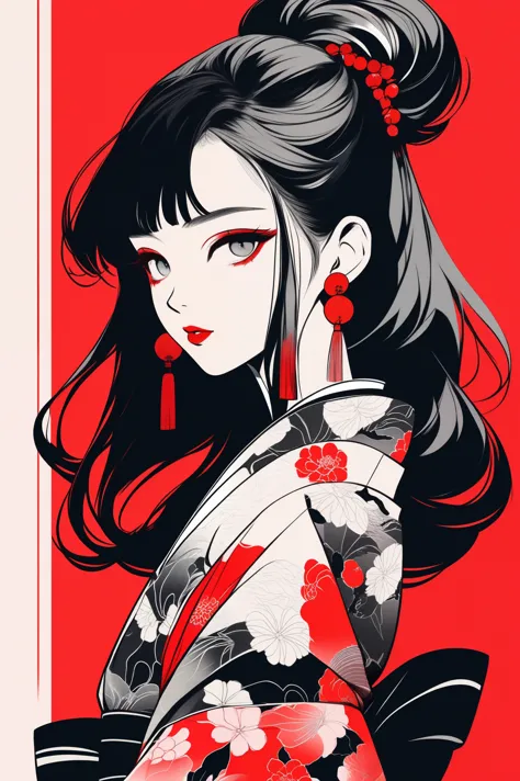 (best quality, sketch:1.2),realistic,illustrator,anime,1 girl, detailed lips, kimono,custom, black and red gradient background,n...
