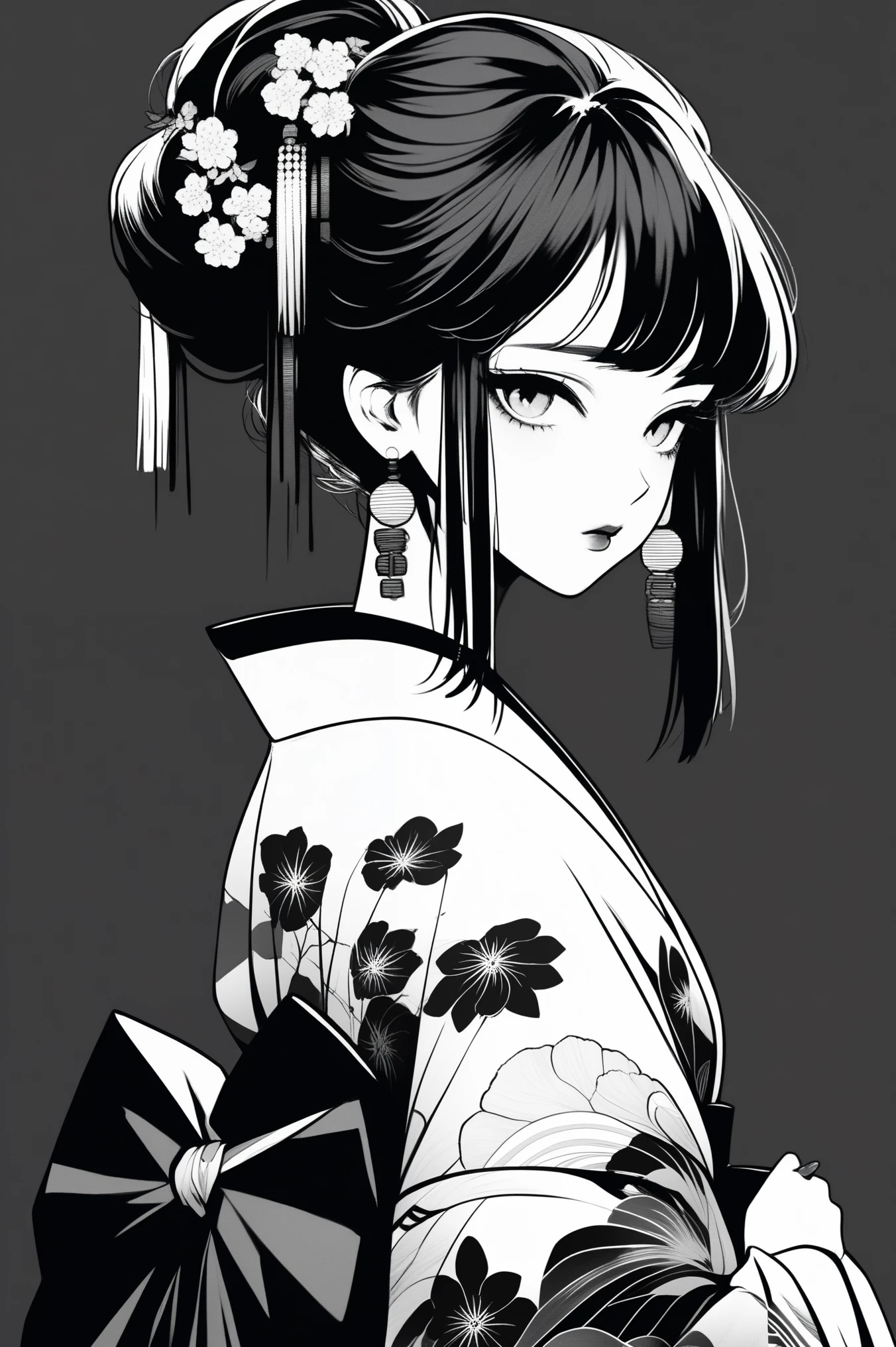 (best quality, sketch:1.2),realistic,illustrator,anime,1 girl, detailed lips, kimono,custom, neon gradient, dark background,neon hair,textured cropping, masterpiece, style retro classic, noir style , Japanese style, ((monochrome))