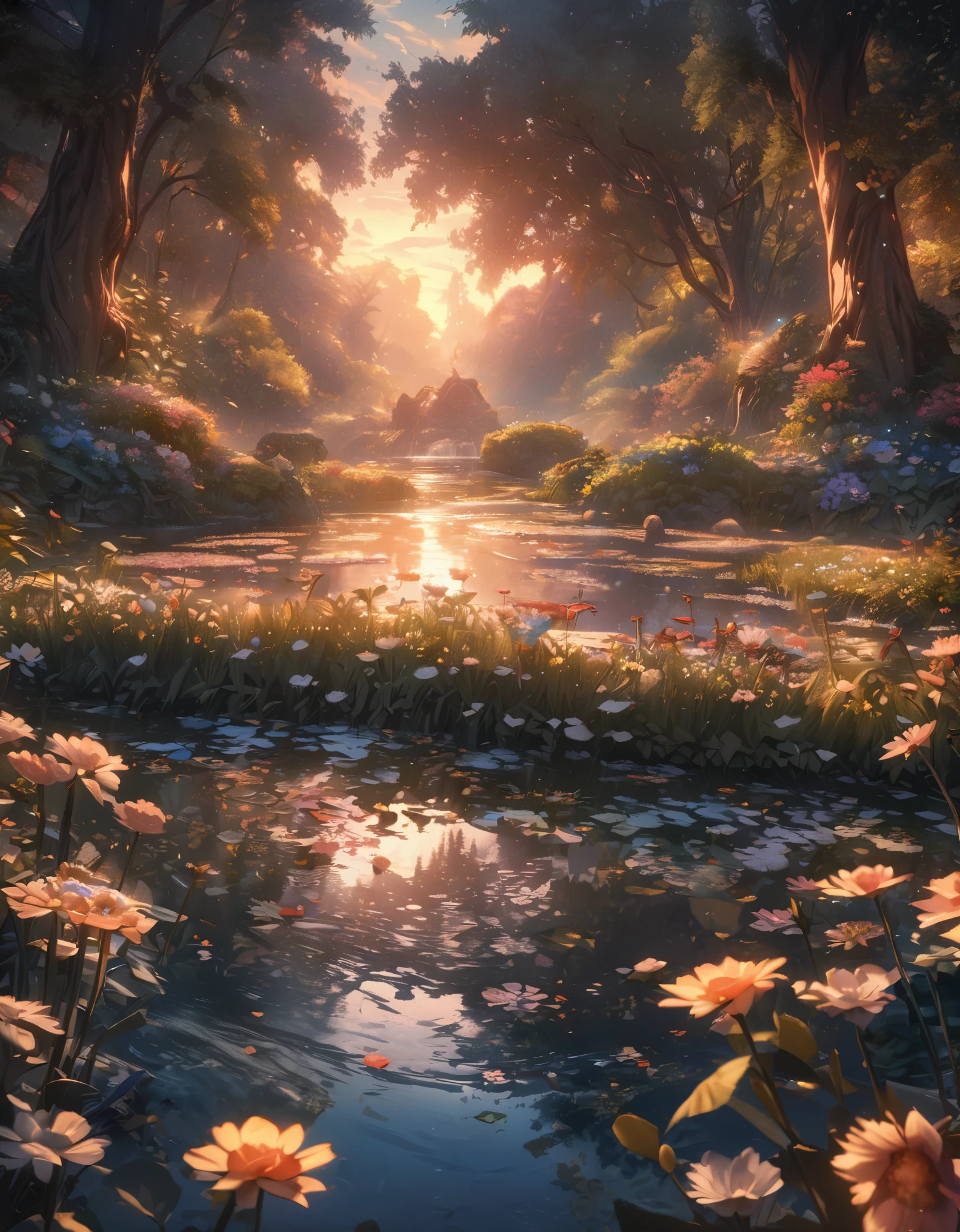 Meisterwerk, beste Qualität, extrem detailliertes CG Unity 8k-Hintergrundbild, ein zauberhafter Teich am Abend, Fein detailliert, filmische Beleuchtung, highres, Blumen blühen，（（（Frühlingsmorgen）））
.Super-Weitwinkel（（（Meisterwerk）））, （（beste Qualität））,（（komplizierte Details））,（（surreal））（8K）