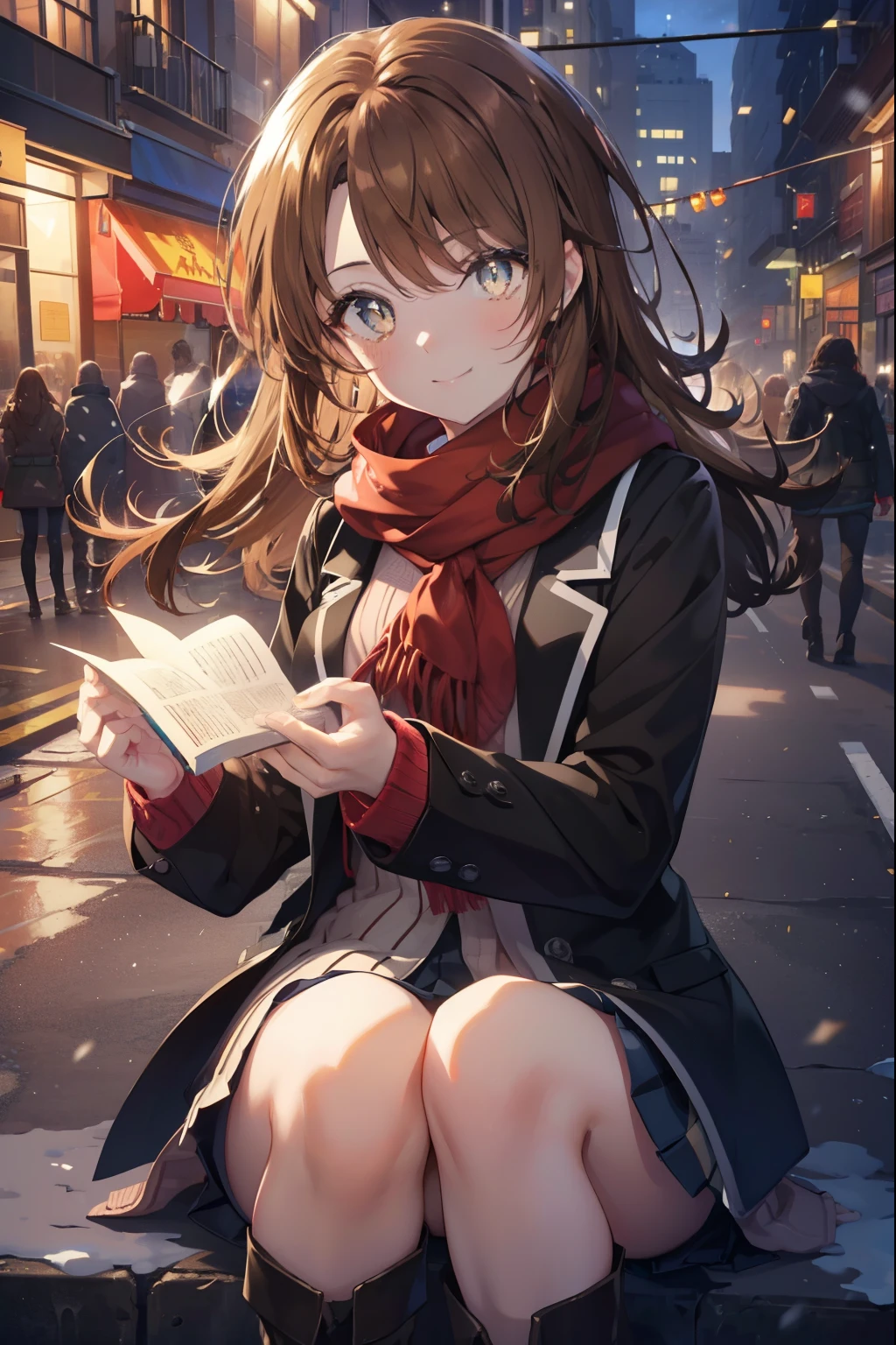 irohaisshiki, Isshiki Iroha, long hair, brown hair, (brown eyes:1.5), smile,blush,yellow long coat,sweater,red muffler,ankle length black long skirt,black tights,short boots,winter,that&#39;It&#39;s snowing,
break outdoors, city,building street,
break looking at viewer,
break (masterpiece:1.2), highest quality, High resolution, unity 8k wallpaper, (shape:0.8), (beautiful and detailed eyes:1.6), highly detailed face, perfect lighting, Very detailed CG, (perfect hands, perfect anatomy),