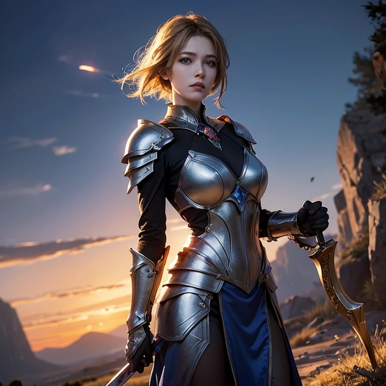 a blond girl wears metallic blue armor and holds a glowing weapon, Various interface elements surround the character, including icons, numbers, and bar graphs indicating game statistics or status. In the background, there’s an expansive landscape with mountains and skies under the twilight or early dawn lighting condition. Floating magical symbols add to the fantastical theme of the image, focusing on details, photo realistic rendering, best quality, 4K