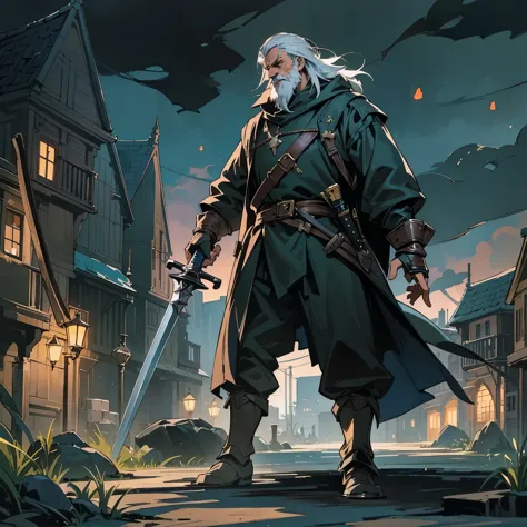 a middle-aged man，european medieval witcher，at night，wearing a black night coat，carrying a big sword，there&#39;s a gun stuck in ...