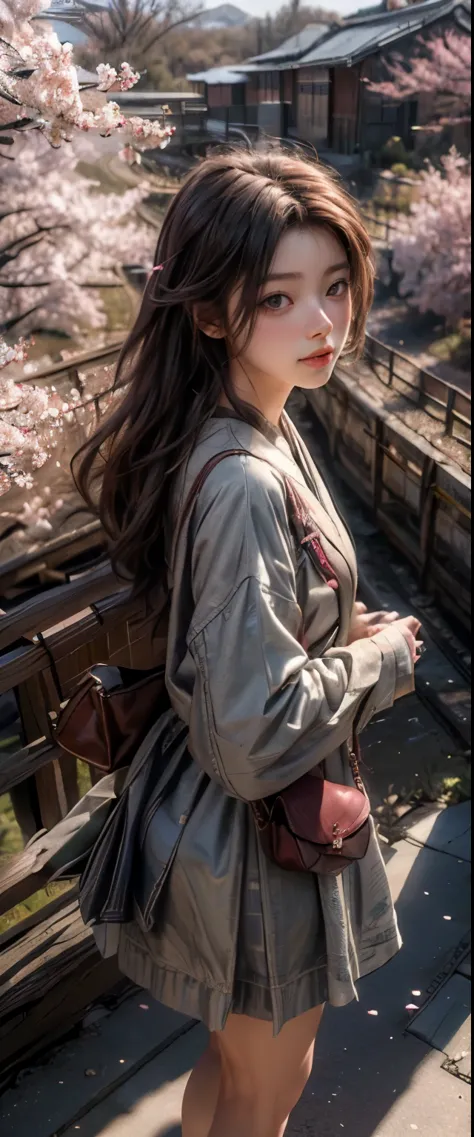 ((masterpiece, highest quality, Highest image quality, High resolution, photorealistic, Raw photo, 8K)), Spring Morning, In a rural Japanese town, students head for the train station along a road lined with cherry blossom trees, (View from above:1.3), 