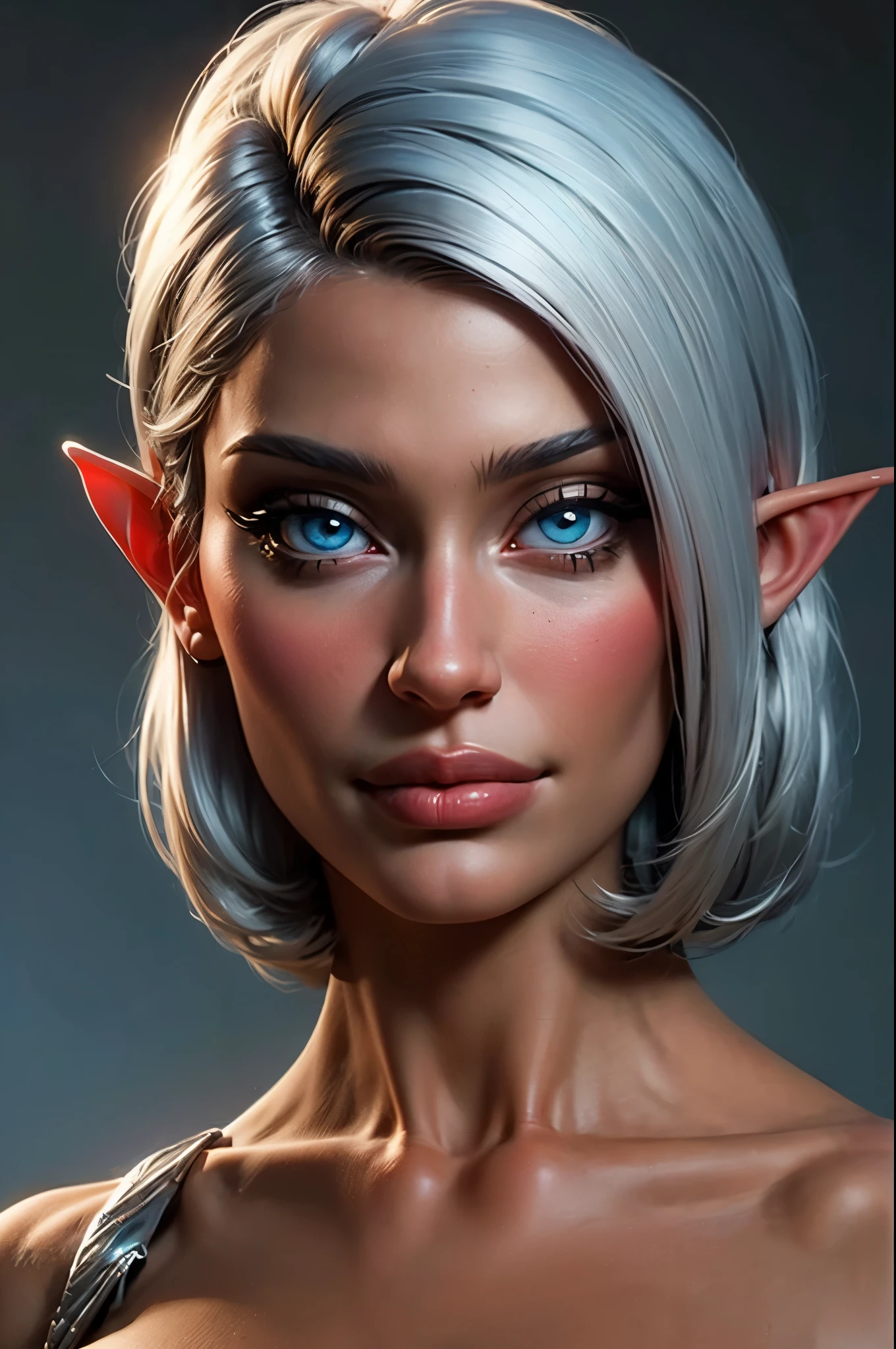 beautiful portait of nigth elf female in her 20s with fit body , perfect face feature , smile, (blunt bob hair :1.2), (silver hair color :1.3), (blue eyes color :1.1), thick kissable lips , thin nose ,pointy ears,