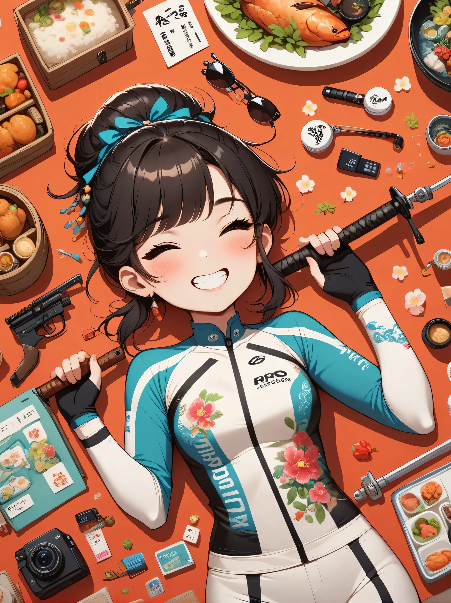 Asian face young girl, laughing expressin, Perfect body, road bike clothing, gear and accessories, knolling layout organized on a table, person,knolling, Cartoon, pure red background