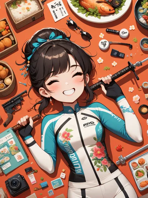 Asian face young girl, laughing expressin, Perfect body, road bike clothing, gear and accessories, knolling layout organized on ...