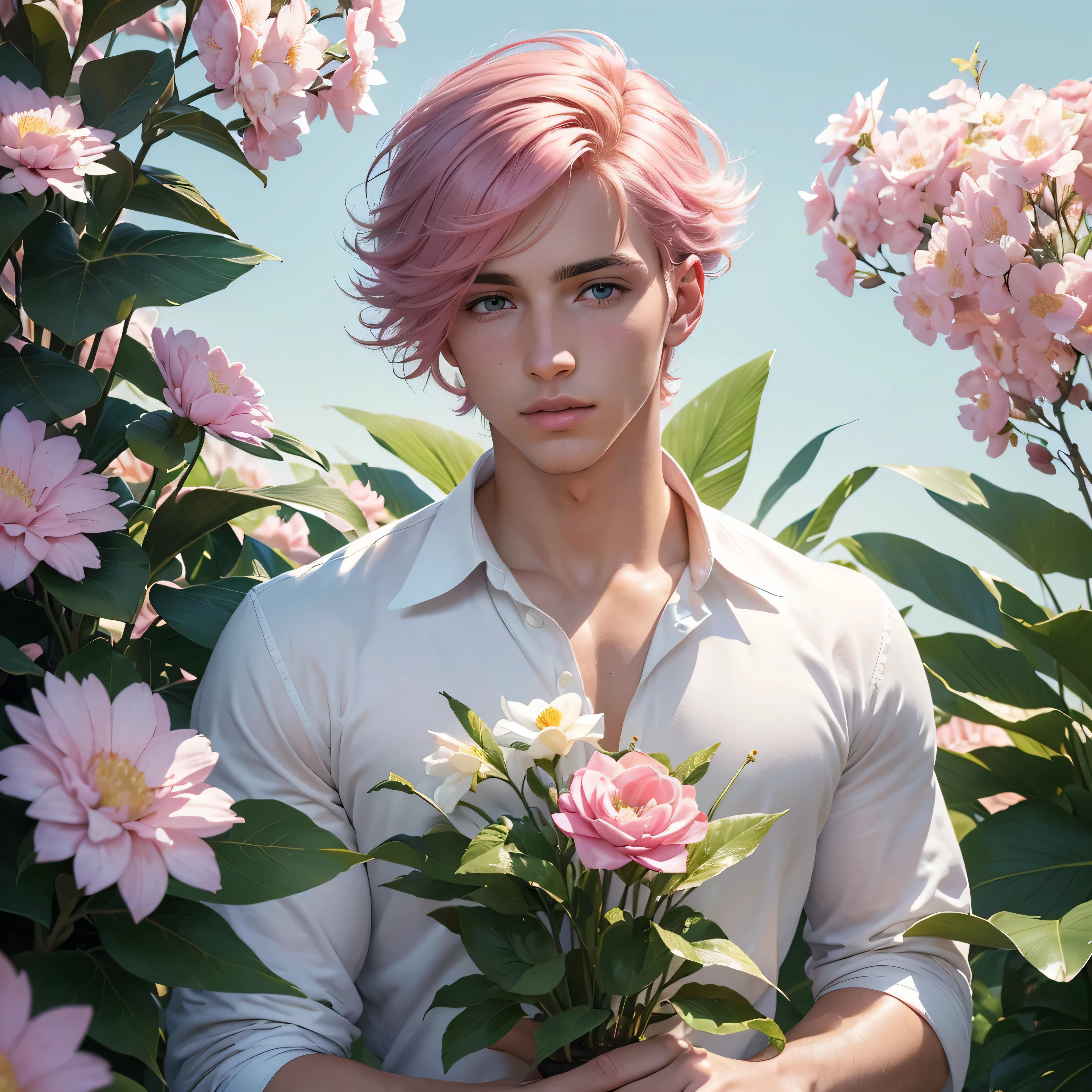 (Obra maestra)), ((Mejor calidad:1.2)), high resolution, 8K, (ultra_realista:1.3), (photorealista:1.4), (Plantilla de Instagram, elegante:1.2) face photo, young man 20 years old, pink hair, wearing white clothes, surrounded by flowers and butterflies of many colors, looking slightly to the left, multicolored background