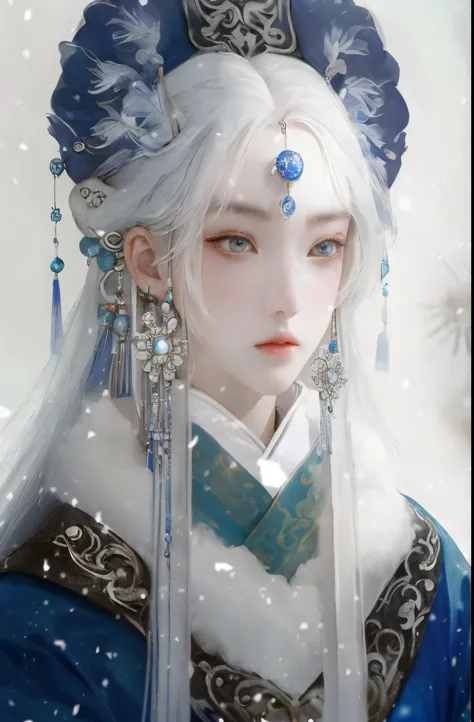 image with intense color, very vivid color, a close-up of a woman with white hair and a blue dress, ((a beautiful fantasy empres...