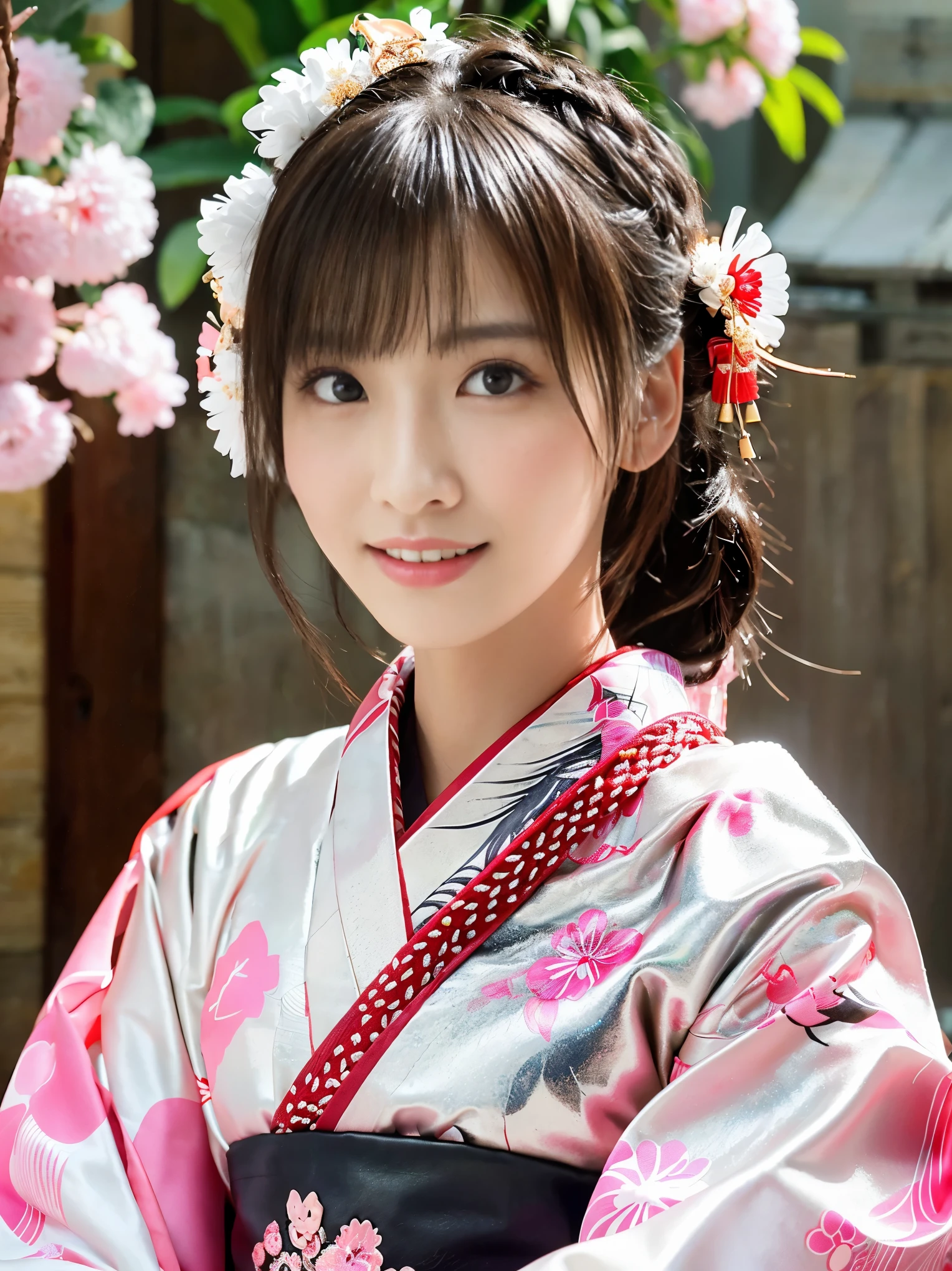 kimono blanc、motif japonais rose、(Furisode:1.5)、ou、(qualité supérieure)、1 femelle、16 ans、Esbian complet du corps、aux cheveux noirs、Attachez vos cheveux en arrière、(réaliste:1.7)、((Meilleure qualité d&#39;image))、Absurde、(超Une haute résolution)、(Photoueal:1.6)、Photoueal、rendu d&#39;octane、(超réaliste:1.2)、(réaliste face:1.2)、(8k)、(4K)、(chef-d&#39;œuvre)、(réaliste skin texture)、(éclaircissement、éclairage de cinéma、mur-)、(Beaux yeux:1.2)、((((visage parfait))))、(Joli visage comme une idole:1.2)、( sont debout)、tombeau、oiseau prêt、(Janvier)、joli visage détaillé、Vraie beauté、rire、
