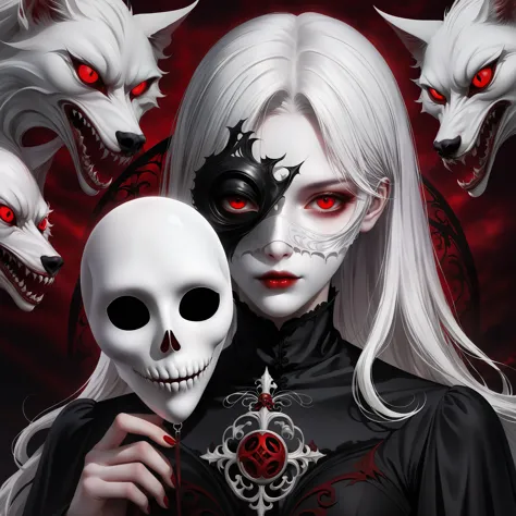 （Holding a mask in hand：1.5），（White-haired ghost，straight hair，red eyes），（gothic art），（fear：1.5），（Correct human anatomy：1.37）