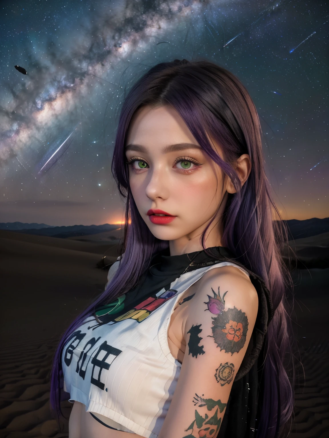 (4k), (highest quality), (best details)（surrealistic）dawn、huge meteor、namibi desert、milky way,Cute Spanish girl with tattoos、purple hair、green eyeidnight、passionate gaze、black clothes、red lips