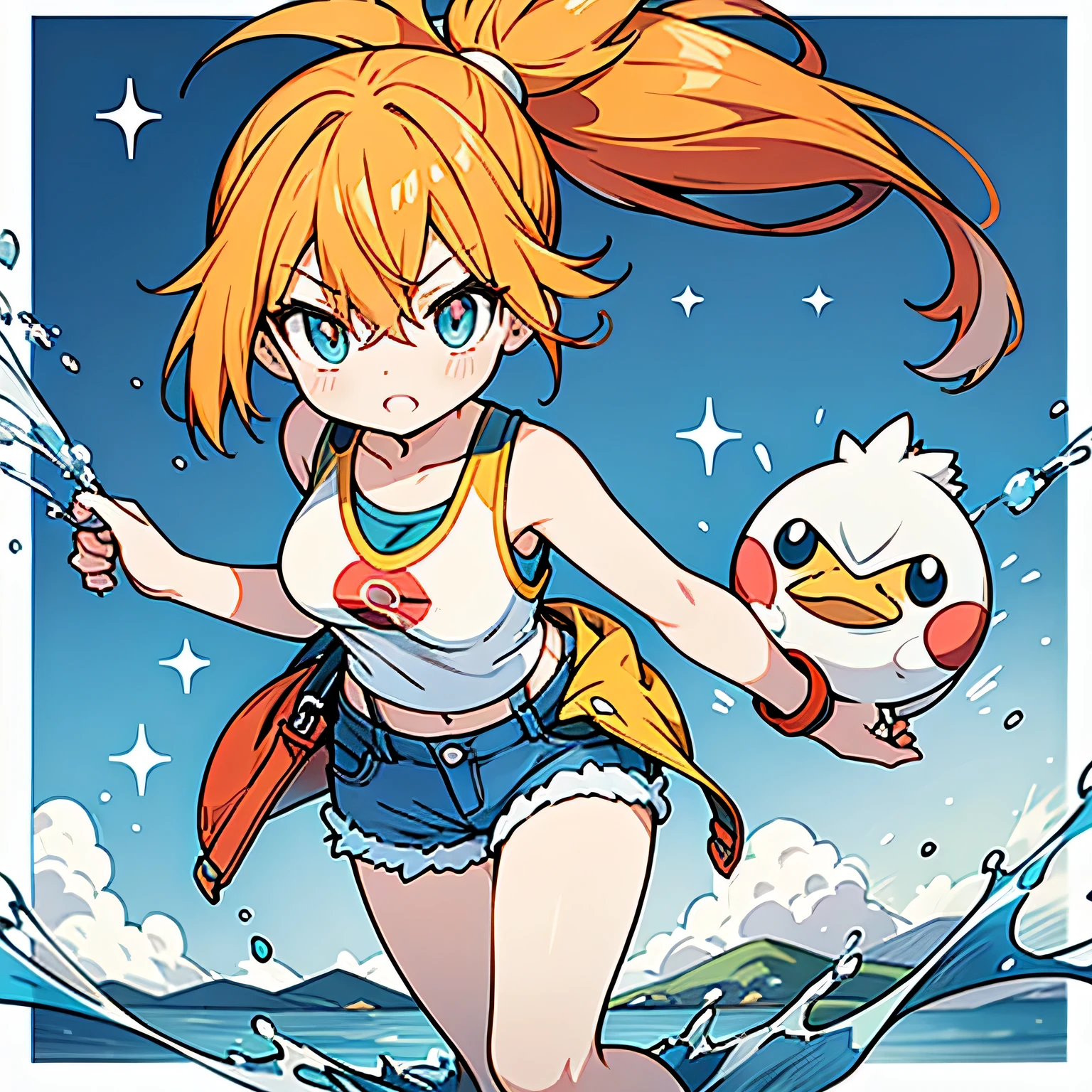 - Misty's vibrant orange hair in a side ponytail
- Wearing a yellow tank top and denim shorts
- Carrying a red and white pokeball in hand
- Posing with her loyal water-type Pokemon, such as Psyduck or Starmie
- Background of a serene water scene, like a lake or river
- Hint of determination and confidence in her expression
