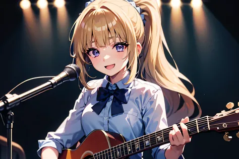 hight resolution, top-quality, ultra-quality, The ultra-detailliert, perfect anatomy, lighting like a movie, a girl ( Kei Karuizawa) singing in stage, blonde hair with ponytail hairstyle and Violet eyes, long shot POV, looking at viewer, spotlight lightnin...