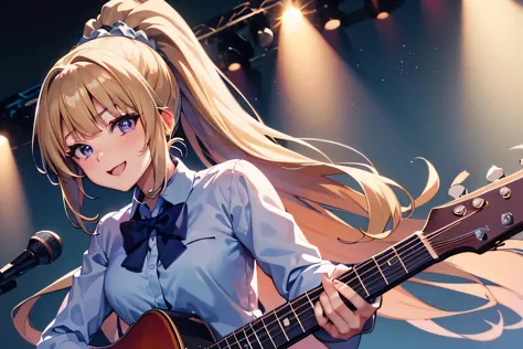 hight resolution, top-quality, ultra-quality, The ultra-detailliert, perfect anatomy, lighting like a stage, a girl ( Kei Karuizawa) singing in stage, blonde hair with ponytail hairstyle and Violet eyes, long shot POV, looking at viewer, spotlight lightnin...