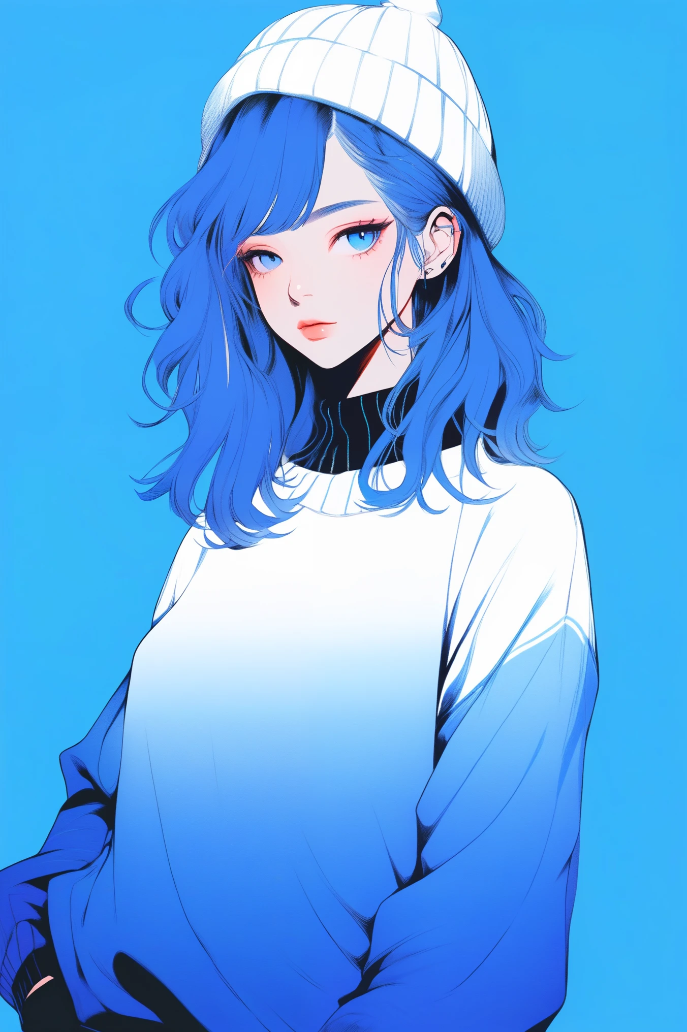 ilustrador, anime , realista ,esboço , 1 garota, ,lábio, suéter,ordem, Fundo gradiente azul, cabelo neon,Acabamento texturizado, canadense, (Obra de arte,melhor qualidade) Ganyou