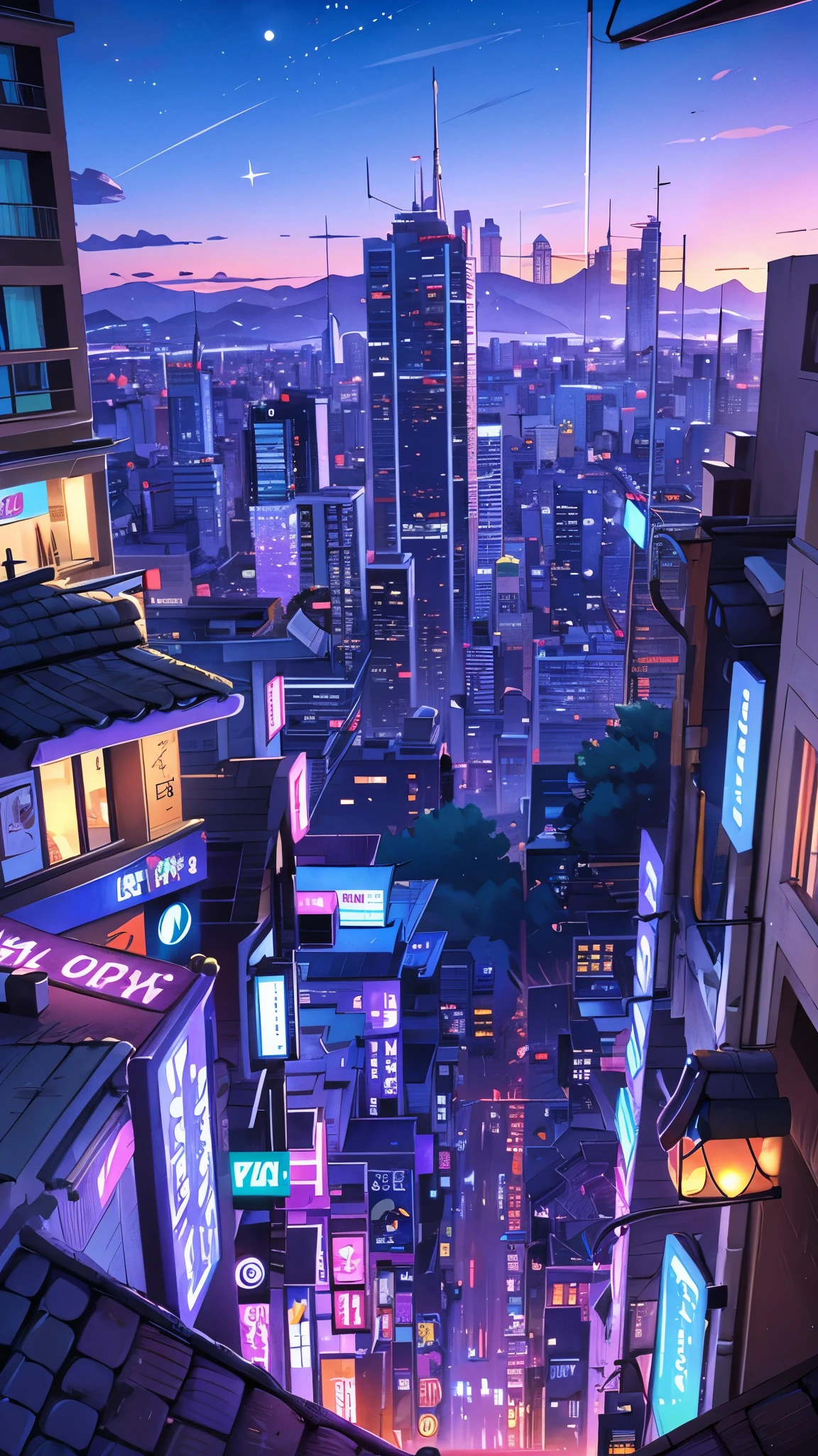 paisaje de la ciudad, futuristic, morado medianoche, cielo hermoso