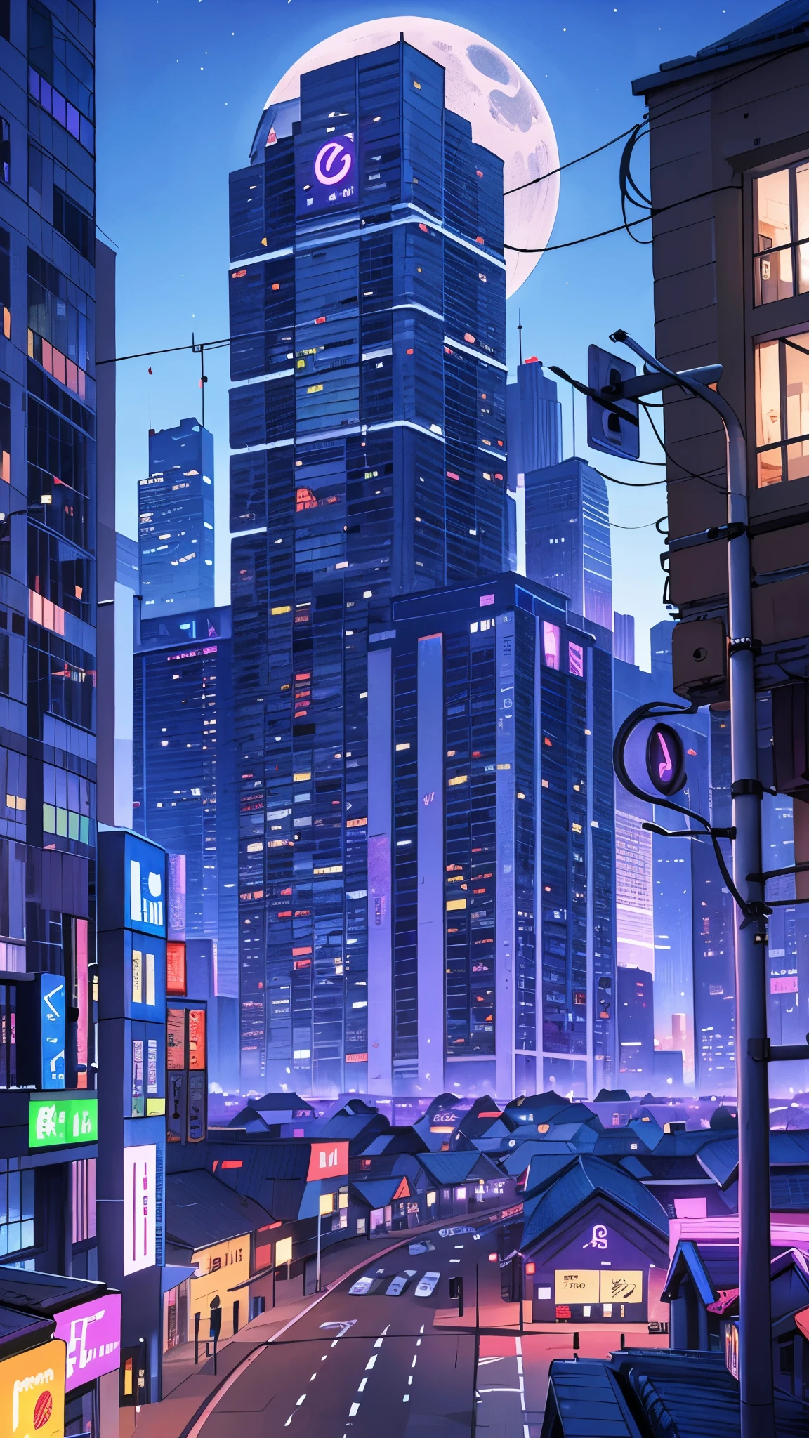 city scape, futuristic, midnight purple, beautiful sky