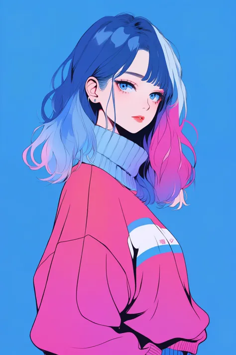 illustrator, anime , realistic ,sketch , 1 girl, ,lip, sweater,order, Blue gradient background, neon hair,Textured trim, Canadia...