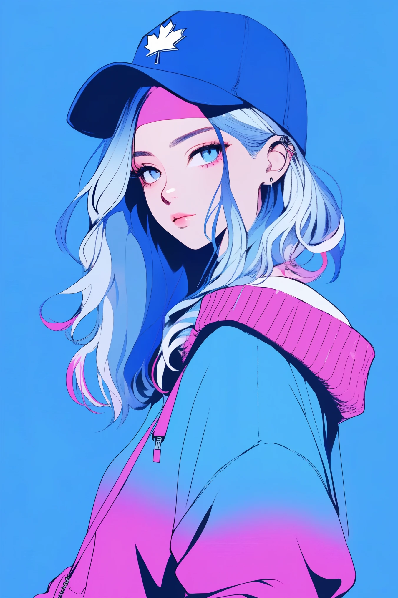 ilustrador, anime , realista ,esboço , 1 garota, ,lábio, suéter,ordem, Fundo gradiente azul, cabelo neon,Acabamento texturizado, canadense, (Obra de arte,melhor qualidade) Ganyou