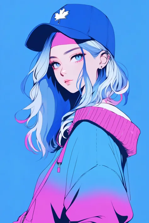 illustrator, anime , realistic ,sketch , 1 girl, ,lip, sweater,order, Blue gradient background, neon hair,Textured trim, Canadia...