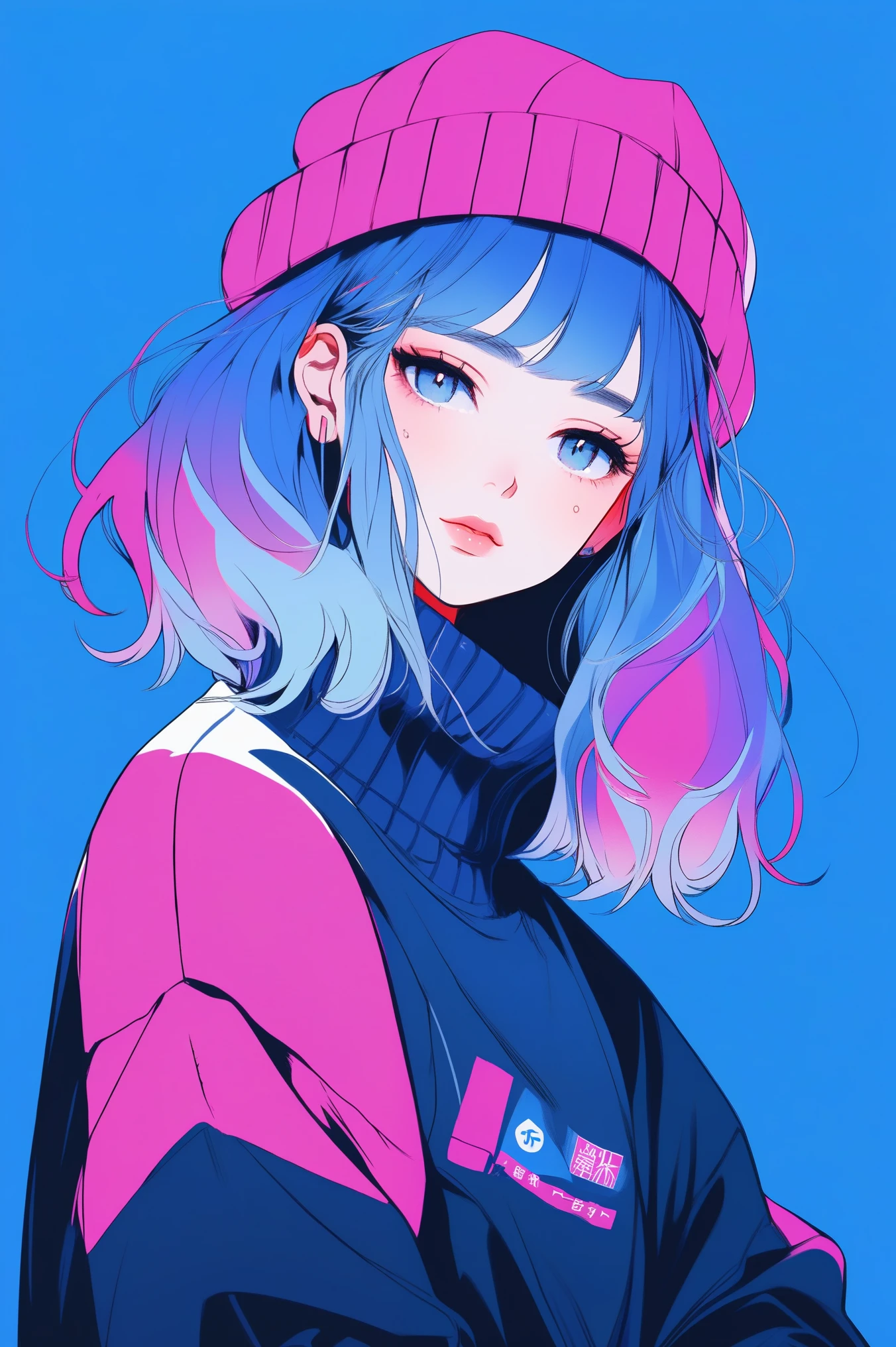 Illustrator, Anime-Serie , Realistisch ,skizzieren , 1 Mädchen, ,Lippe, Pullover,order, Blauer Farbverlauf-Hintergrund, Neon-Haare,Strukturierte Verzierung, kanadisch, (Meisterwerk,beste Qualität) Abonnieren