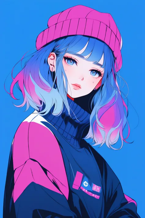 illustrator, anime , realistic ,sketch , 1 girl, ,lip, sweater,order, Blue gradient background, neon hair,Textured trim, Canadia...