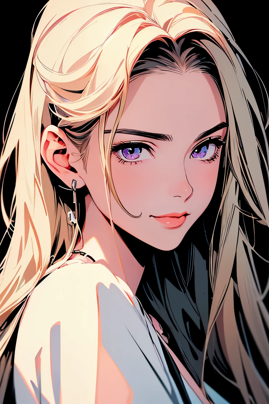 2d illustration, anime, a painting portrait in fine arts, in manhwa style, Bishamon from noragami, 1girl, blond hair, long hair, big hair, eyepatch, makeup, purple eyes, beautiful, high definition, masterpiece, best quality, high detail, high detailed eyes, grain filter, {{confident smile}}, Detailed lips, high resolution, ultra-detalhado, retrato, mulher caucasiana, slim physique, realista proportions, Anatomicamente preciso, sorriso sutil, bochechas rosadas; intimate distance, dark lighting, {{red lips}}, olhando_no_visualizador, inclinando para a camera, alta qualidade, premiado, high resolution, 8k