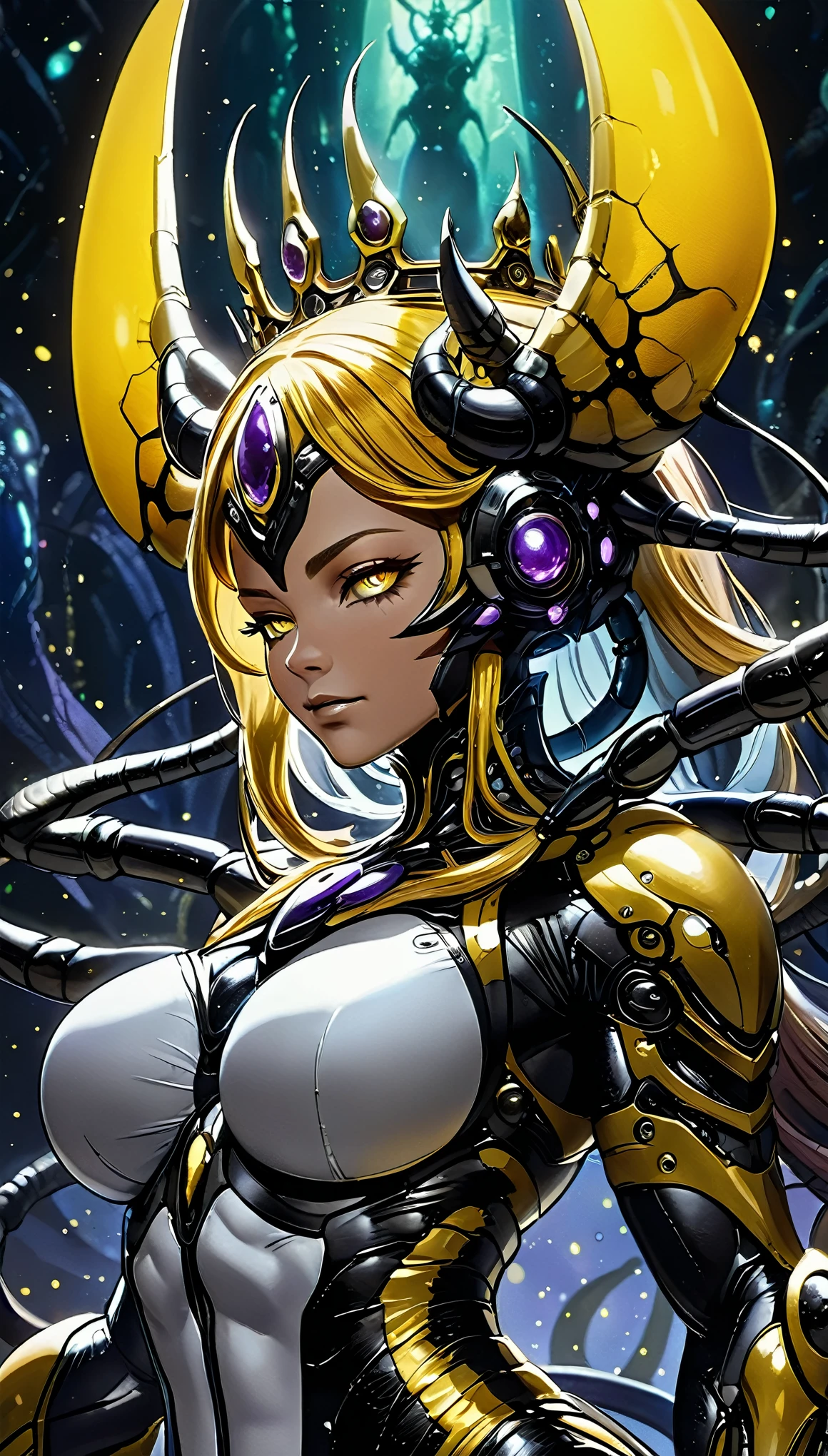 Zerg Queen, Full body close-up, Insect characteristic head, Crustacean queen close-up, compound-eyed, multi-clawed, Metallic, Big , well developed muscles, Beetle&#39;s lower body, An intimidating gesture, small metal crown, Zerg Lair Background, Point lights, backlight, Terrifying spatial effects, black yellow white palette, Surrealism, high detail, Expressionism, Fauvism, UHD, high details, best quality, award winning, 8k