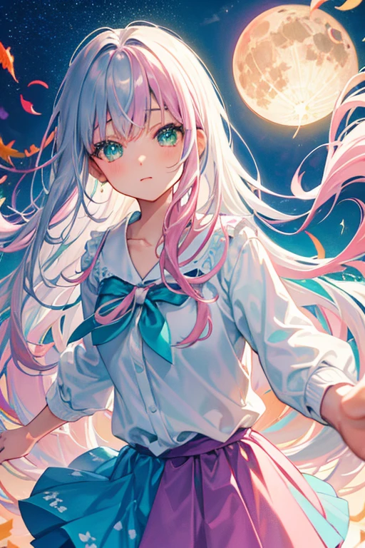 (rainbow colored hair, colorful hair, half silver、half pink hair: 1.2), ,long hair、(Cinematic digital artwork: 1.3), high quality, table top, Turquoise eyes、最high qualityの, Super detailed, figure, [4K digital art]!!、 Kyoto animation style, one woman, clavicleの美しさ, clavicle, light, want, blue sky, positive, Dead leaves dance、full moon、floral clothes、green polka dot skirt、sunset, motivation, shine, dynamic perspective、Blue glasses、Green ribbon