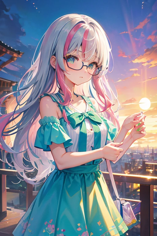 (rainbow colored hair, colorful hair, half silver、half pink hair: 1.2), ,long hair、(Cinematic digital artwork: 1.3), high quality, table top, Turquoise eyes、最high qualityの, Super detailed, figure, [4K digital art]!!、 Kyoto animation style, one woman, clavicleの美しさ, clavicle, light, want, blue sky, positive, Dead leaves dance、full moon、floral clothes、green polka dot skirt、sunset, motivation, shine, dynamic perspective、Blue glasses、Green ribbon