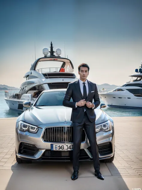 arafed man in a suit leaning on a car near a yacht and women stood between him, (asian) (eropean), wears red dress, flaunting hi...