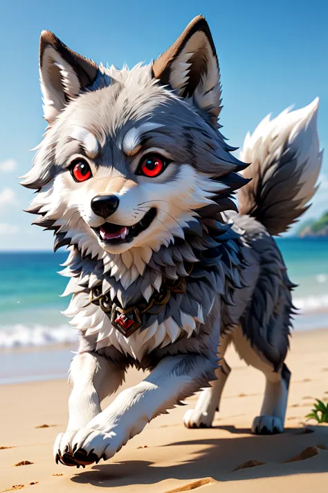 (((furry wolf))), ((gray wolf)), (chibi), bad wolf, with red eyes, beach, pants or shorts, furry body full-length frontal view, ...