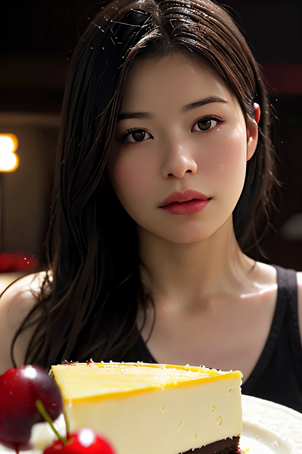 Photorealistic Appetizing slice of cherry cheesecake with chocolate, delicious, fragrant, close-up, highly detailed, intricate detail, raw photo, lifelike rendering, immersive atmosphere, chiaroscuro, moody lighting, miranda cosgrove ((covered in cheese cake))