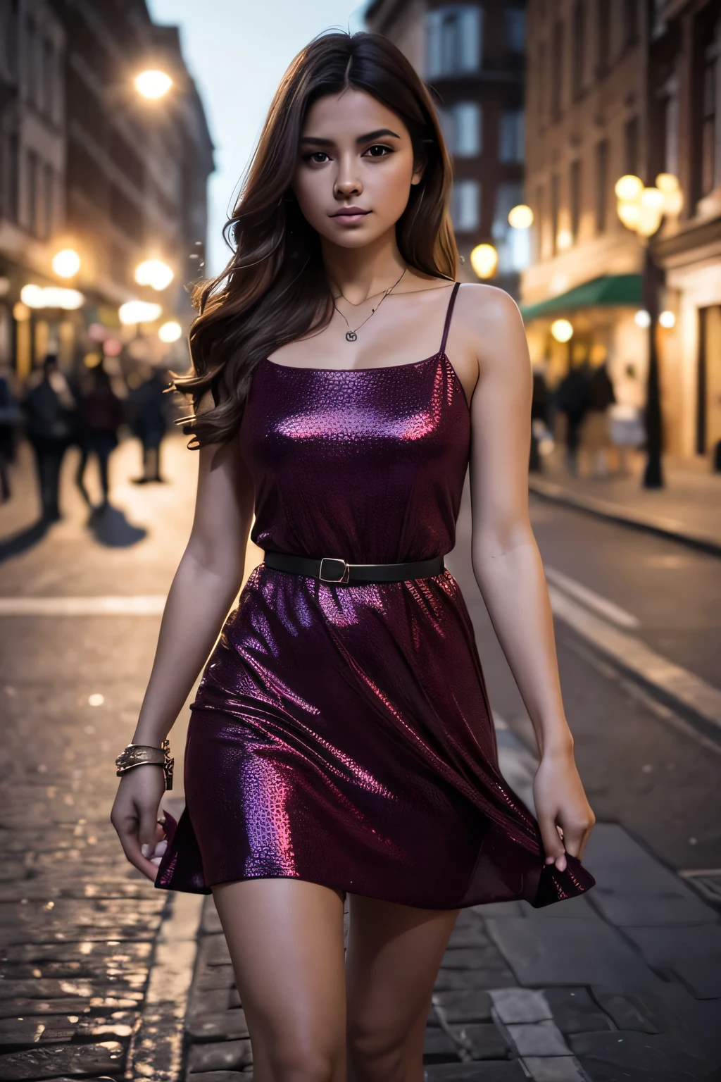 (Best quality:1.5), high quality, realistic, detailed, (European appearance), ((to the waist)), beautiful facial features, (1 Brunette Girl), in a dress, to the streets,  At night , cinematic lighting, Resolution 8K, bright colors