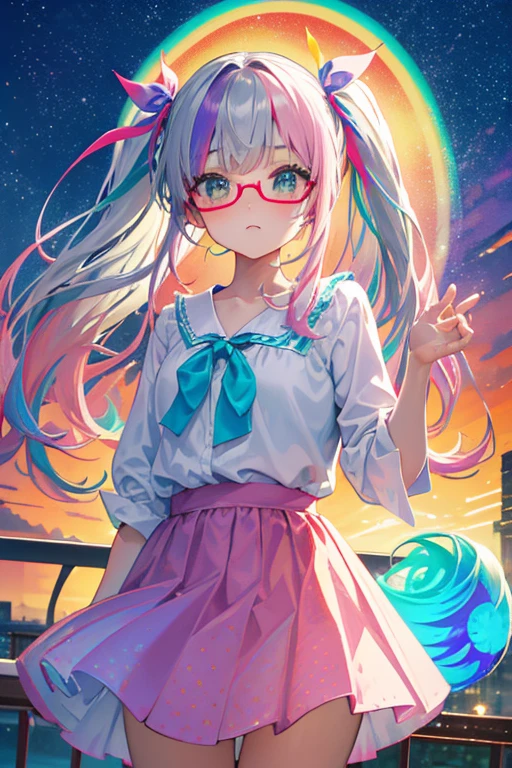 (rainbow colored hair, colorful hair, half silver、half pink hair: 1.2), ,long hair、(Cinematic digital artwork: 1.3), high quality, table top, Turquoise eyes、最high qualityの, Super detailed, figure, [4K digital art]!!、 Kyoto animation style, one woman, clavicleの美しさ, clavicle, light, want, blue sky, positive, Dead leaves dance、full moon、floral clothes、polka dot skirt、sunset, motivation, shine, dynamic perspective、Blue glasses、Green ribbon、twin tails