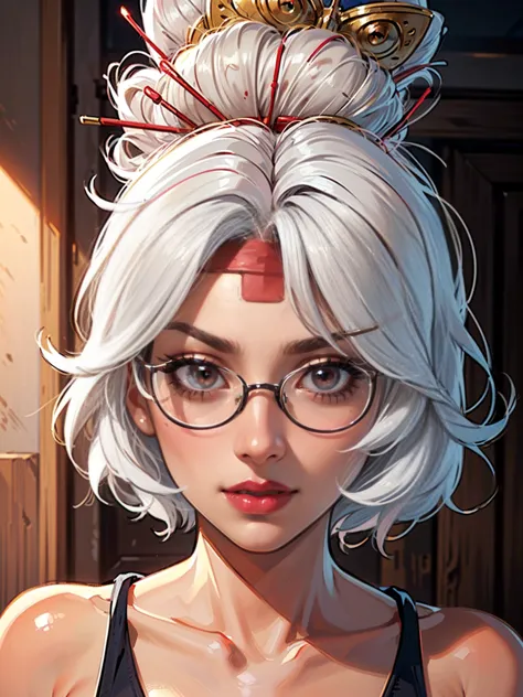 ((masterpiece,best quality, purah, white hair, brown eyes, red headband, hair ornament, hair sticks, red glasses, shy, smug)), (...