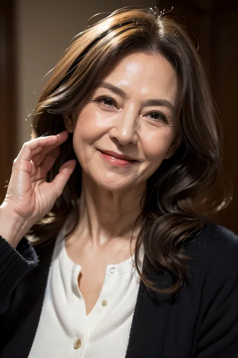 (Masterpiece:1.4),(67-year-old woman:1.4),(Wrinkles on the face1.2),smile,long wave hair,