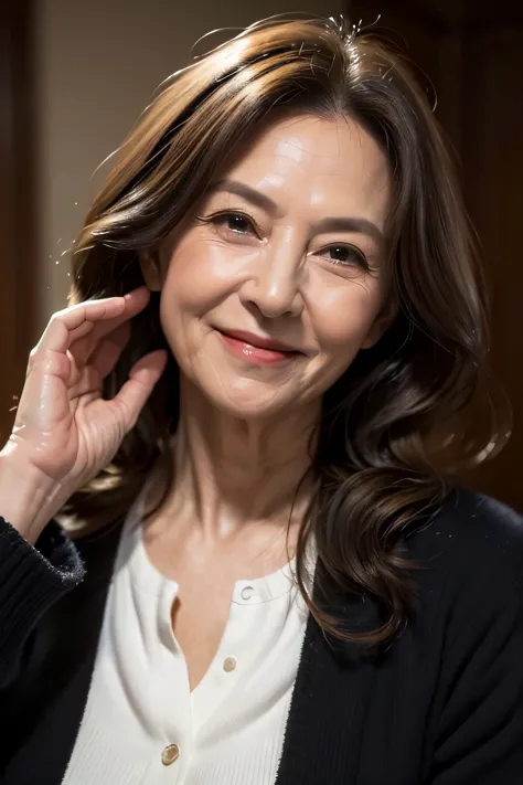 (masterpiece:1.4),(67-year-old woman:1.4),(wrinkles on the face1.2),smile,long wave hair,