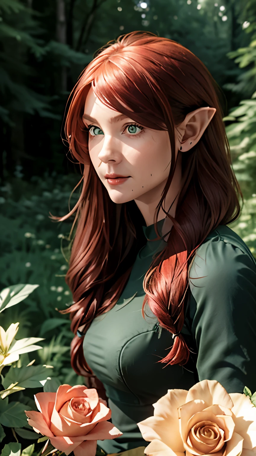 best quality, high quality, detailed, intricate, natural colors, woman, reddish hair, elf, pointy ears, green eyes, long hair, wavy hair, eyeshadow, oval face, snub nose, heart-shaped lips, arched eyebrows, flowers, rose, forest,
dress