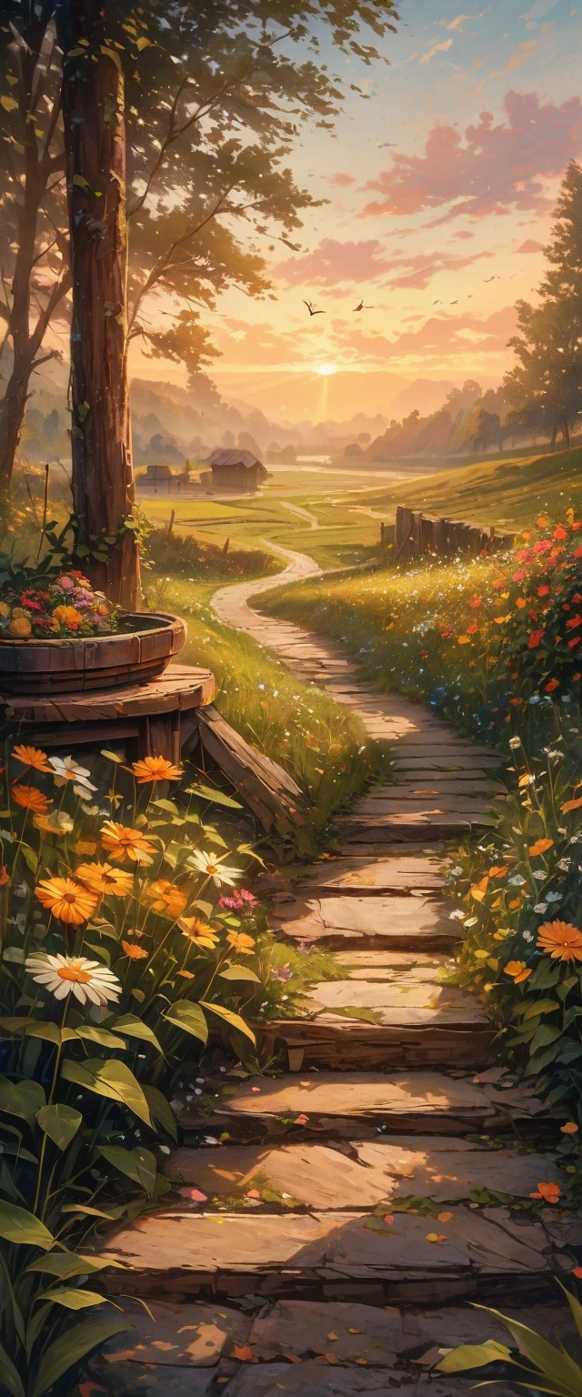 Quiet country road in the early morning sunshine, Green leaves sway gently in the breeze. The fields are filled with green wheat crops，Vibrant, Exuding a sense of vitality. in the distance, A little bird is singing happily on a branch, Welcome to the day. The air is filled with a faint floral fragrance, Create a peaceful and comfortable atmosphere. The whole scene is filled with the breath of spring, Energetic and joyful. Moderate: watercolor, Additional details in soft pastels: Rustic wooden fence on the roadside, An old-fashioned water well, Image quality dotted with wildflowers along the road: (best quality,4K,8K,high resolution,masterpiece:1.2), Super detailed, (actual,photoactual,photo-actual:1.37), high dynamic range, bright colors, Sharp focus art style: landscape, Impressionist tones: pastel tones, Earthy green and brown lighting: Moderate, The warm morning sun shines through the mist