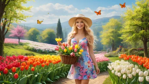 A beautiful girl with flowing blonde hair, dressed in a vibrant floral dress and a wide-brimmed hat, standing in a blooming gard...