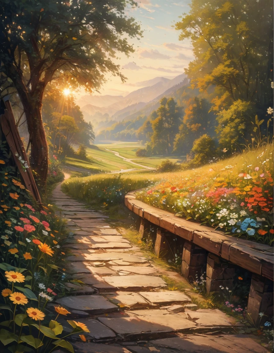 Quiet country road in the early morning sunshine, Green leaves sway gently in the breeze. The fields are filled with green wheat crops，Vibrant, Exuding a sense of vitality. in the distance, A little bird is singing happily on a branch, Welcome to the day. The air is filled with a faint floral fragrance, Create a peaceful and comfortable atmosphere. The whole scene is filled with the breath of spring, Energetic and joyful. Moderate: watercolor, Additional details in soft pastels: Rustic wooden fence on the roadside, An old-fashioned water well, Image quality dotted with wildflowers along the road: (best quality,4K,8K,high resolution,masterpiece:1.2), Super detailed, (actual,photoactual,photo-actual:1.37), high dynamic range, bright colors, Sharp focus art style: landscape, Impressionist tones: pastel tones, Earthy green and brown lighting: Moderate, The warm morning sun shines through the mist