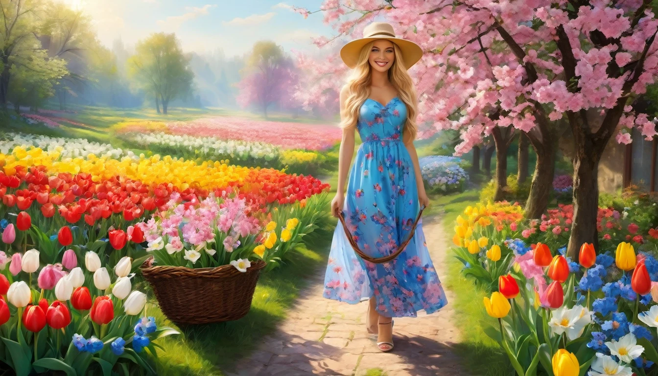 Une belle fille aux cheveux blonds flottants, vêtue d&#39;une robe fleurie vibrante et d&#39;un chapeau à larges bords, debout dans un jardin fleuri. Le jardin est plein de fleurs colorées, comme les tulipes, marguerites et fleurs de cerisier. La fille a les yeux bleu vif et un sourire chaleureux. La lumière du soleil filtre doucement à travers les feuilles des arbres environnants, jetant une douce lueur sur la scène. Les papillons voltigent, ajouter une touche de fantaisie à l&#39;ambiance. L&#39;air est rempli du doux arôme des fleurs fraîches. La jeune fille tient un petit panier avec des fleurs fraîchement coupées, prêt pour une promenade matinale. La scène dégage un sentiment de tranquillité et de joie. Les couleurs sont vives et les détails sont finement rendus, créer une représentation ultra détaillée et réaliste. L&#39;atmosphère générale est joyeuse et évoque la sensation d&#39;un matin de printemps calme.. Le message garantit la meilleure qualité, Résolution 4k et haut niveau de réalisme. L&#39;éclairage est doux et naturel, améliorer la beauté globale de la scène. L&#39;œuvre reflète un style de portrait axé sur la capture de l&#39;essence du printemps.. La palette de couleurs est fraîche et vivante, avec une combinaison harmonieuse de tons pastel et de teintes vibrantes.