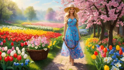 A beautiful girl with flowing blonde hair, dressed in a vibrant floral dress and a wide-brimmed hat, standing in a blooming gard...