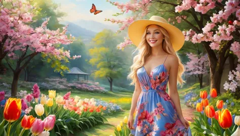 A beautiful girl with flowing blonde hair, dressed in a vibrant floral dress and a wide-brimmed hat, standing in a blooming gard...