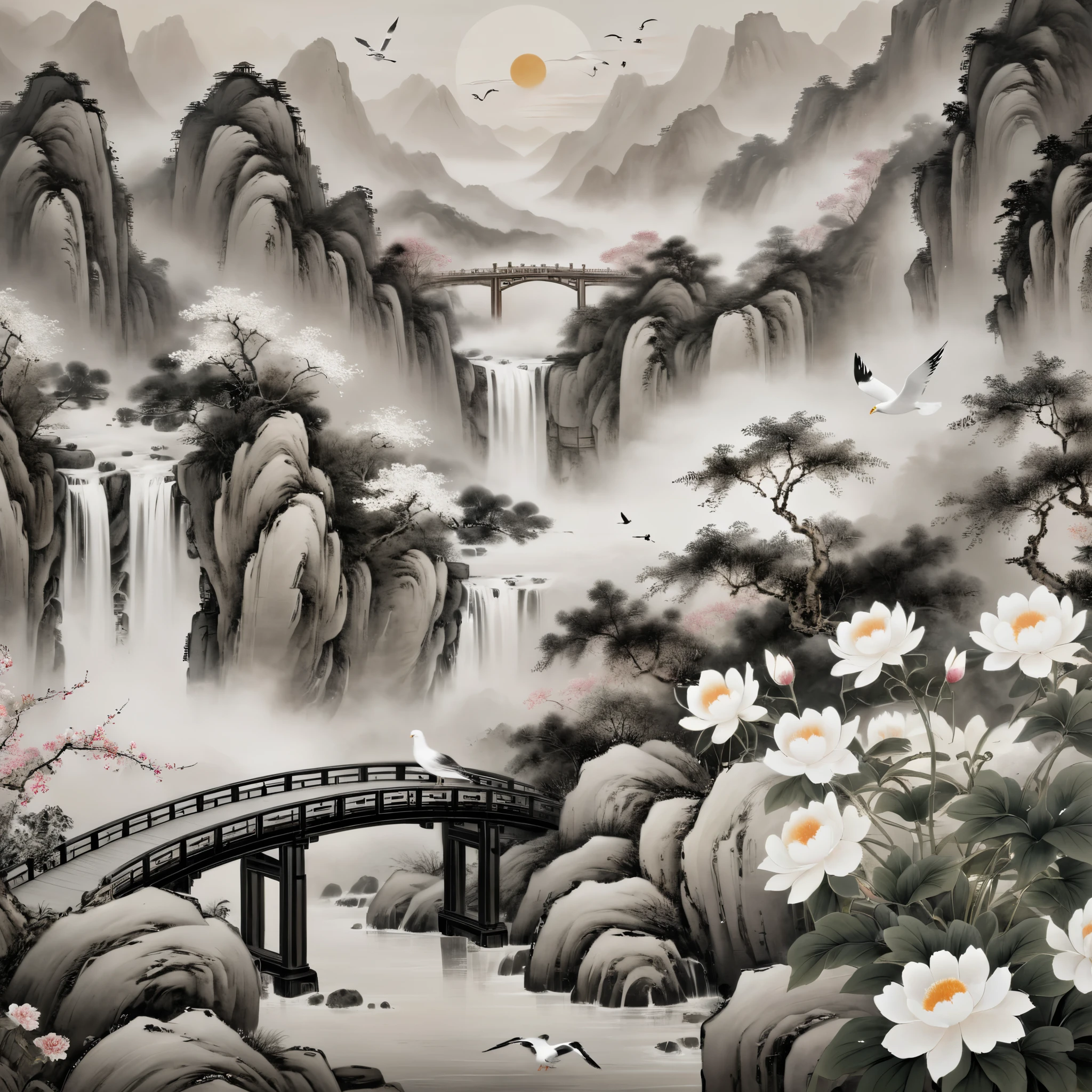 Best quality,8k,cg,falls,flowers,Sun,mountain,seagull,bridge,Chinese ancientpaintings,traditional chinese ink painting,black and white ink painting,