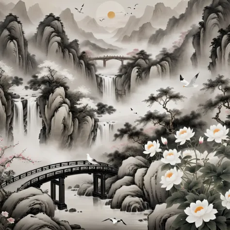 Best quality,8k,cg,falls,flowers,Sun,mountain,seagull,bridge,Chinese ancientpaintings,traditional chinese ink painting,black and...