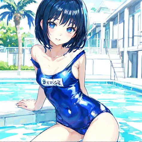 sunburn、旧スクールswimsuit、pool、evening、nipple、crotch opening、sunburn跡、natsu、black hairの、shortcut、young face、anime girl in navy color...